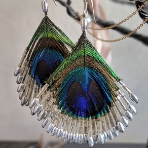 VINTAGE REAL PEACOCK FEATHER BEADED EARRINGS